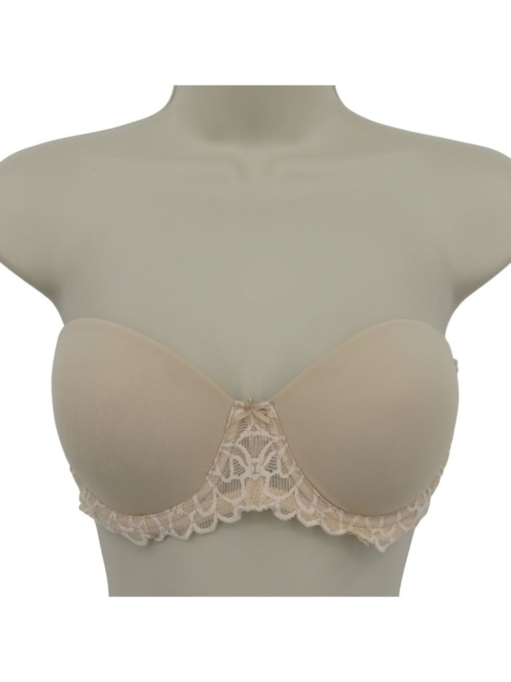 SO 36B Bra Solid Beige Strapless Bra Underwire Padded Lace Accent Bow Womens